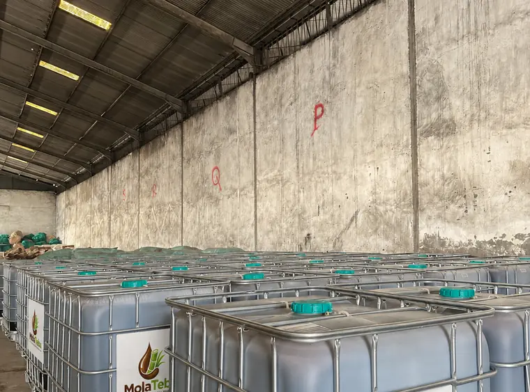 Tangki IBC 1000 liter molase curah di gudang